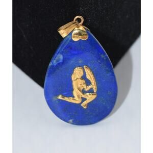 Vintage 18k Gold & Lapis Lazuli Gemstone Horoscope Virgo Pendant